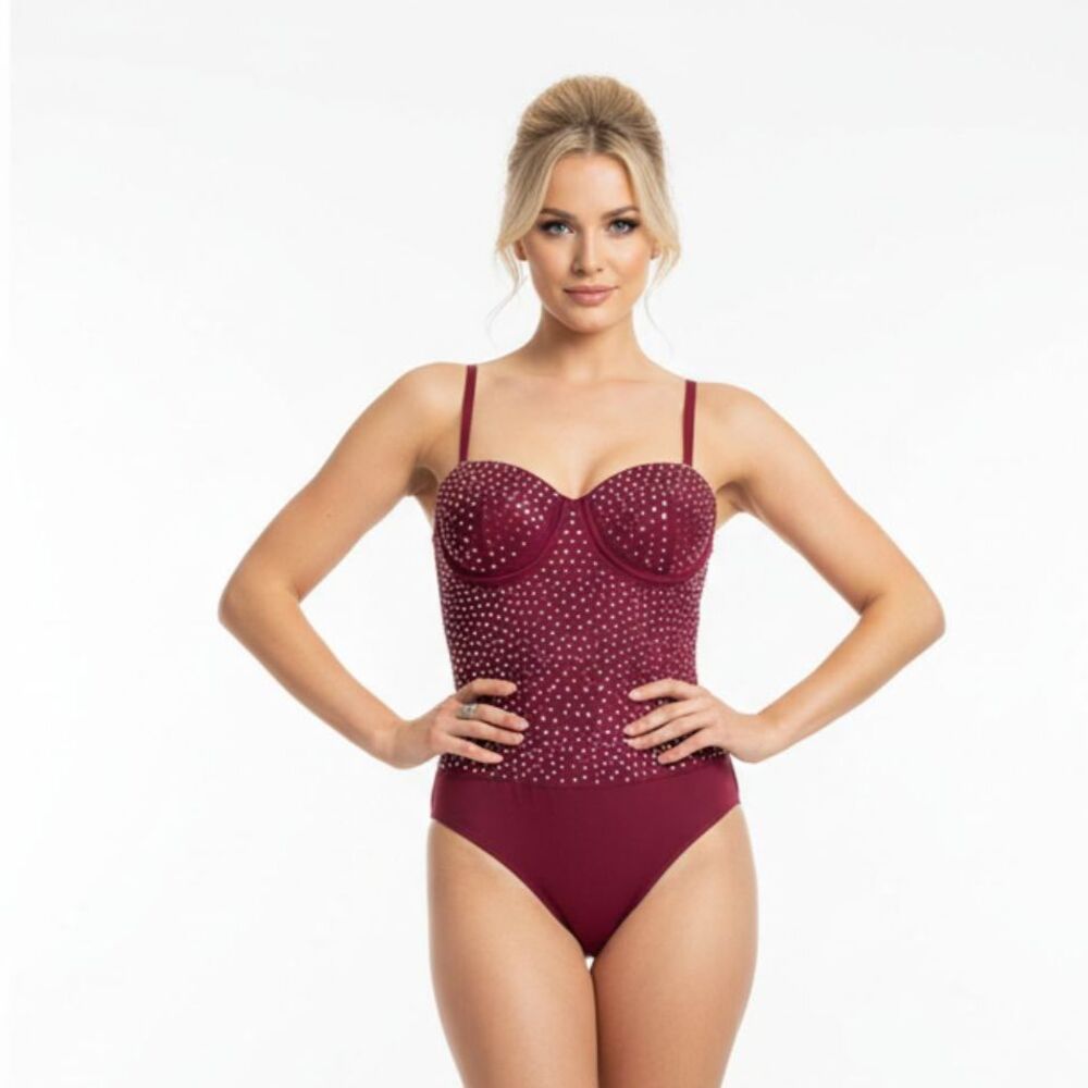 Haute Monde Burgundy Red Rhinestone Embellished Body Suit NEW M